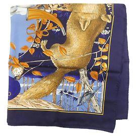 Cachecol Hermès Carré 90 Caça na Floresta Azul marinho