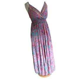 Autre Marque Vestido de seda azul com estampas douradas e rosas Multicor