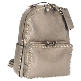VALENTINO Rock Studs Backpack Leather Silver Gold Auth BA9400 Silvery Golden