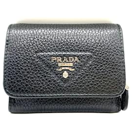 Prada Tri-fold Leather Triangle Compact Wallet Black