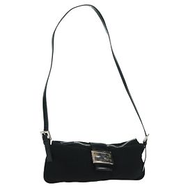 FENDI Mamma Baguette Shoulder Bag Nylon Black Silver Auth ep12368 Black Silvery