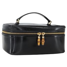GUCCI Bamboo Vanity Pouch Enamel Black Gold 032 1956 0151 Auth am10193 Black Golden