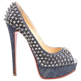 Christian Louboutin Lady Peep 150 Denim Spike Studs Open-toe Heels in Blue, Size 36.5 EU Blue