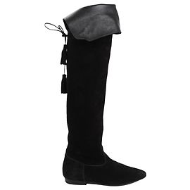 Céline Botte plate Celine Chat Botté au-dessus du genou en daim de veau, taille 38 RM0220 Noir