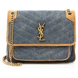 Saint Laurent Denim Suede Monogram Niki Medium Shoulder Bag Blue