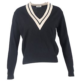 Sandro Kontrastierender V-Ausschnitt Strickpullover aus schwarzer Wolle Schwarz