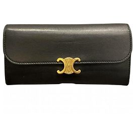 Céline Celine Triomphe Large Wallet Leather Long Wallet Black