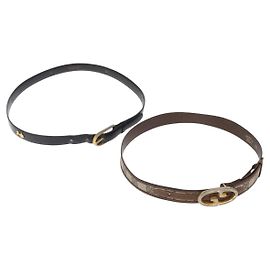 GUCCI Celine GG Supreme Belt Leather 2 Set Black Beige Auth ti3612 Black Beige