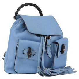 GUCCI Bamboo Backpack Leather Light Blue Silver 370833 Auth BA9273V Silvery Light blue