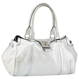 Céline Bolsa de mão de couro prata Auth 157912 Prata