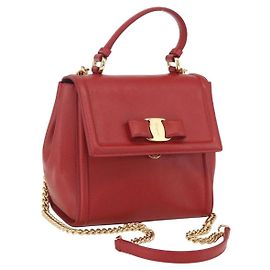 Salvatore Ferragamo Bolsa de Ombro Chain Vala em Couro 2 em 1 Vermelha Dourada Auth BA9424V Vermelho Dourado