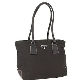 PRADA Tote Bag Nylon Khaki Silver Auth BA9383 Silvery Khaki