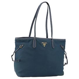 Borsa Tote Prada in nylon blu navy e oro Auth ka1232 D'oro Blu navy