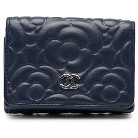 CHANEL Camellia Coco Mark Tri-fold Wallet Navy blue