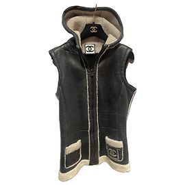 Chanel sleeveless leather and wool jacket dark brown Dark brown
