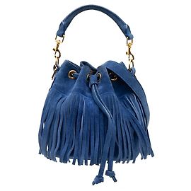 Borsa a secchiello piccola in suede blu Emmanuelle con frange di Saint Laurent Blu