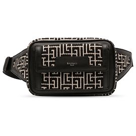 Balmain Black Monogram Leather Trimmed Jacquard Belt Bag Beige Other