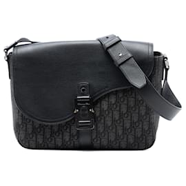 Dior-Dior Black Medium Oblique Canvas and Grained Calfskin Saddle Messenger Bag with Flap-Black