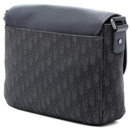 Dior-Dior Black Medium Oblique Canvas and Grained Calfskin Saddle Messenger Bag with Flap-Black