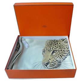 Hermès HERMES Etole cachemire Léopard de Ceyland vert de gris céladon avec étiquette Gris