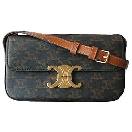 Céline Bolsa Celine Triomphe em lona impressa e couro de bezerro camelo Marrom