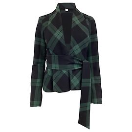 Diane Von Furstenberg Checked Belted Jacket in Olive Wool Green Olive green
