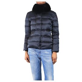 Prada Blaue Pufferjacke mit Pelzkragen - Größe UK 6 Blau