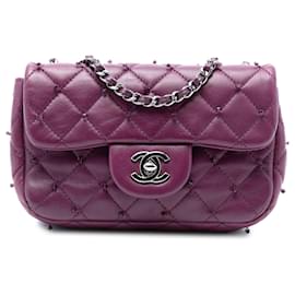 Chanel Roxo Extra Mini Retangular em Couro de Cordeiro com Pérolas e Fecho Único Roxo