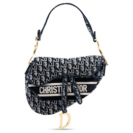 Dior-Dior Blue Oblique Embroidered Canvas Saddle Bag-Blue