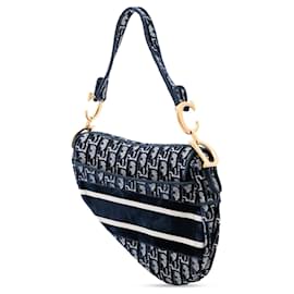Dior-Dior Blue Oblique Embroidered Canvas Saddle Bag-Blue