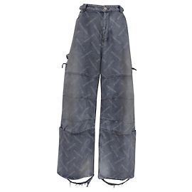 Jeans de perna larga em algodão azul com logo desgastado da Balenciaga Azul