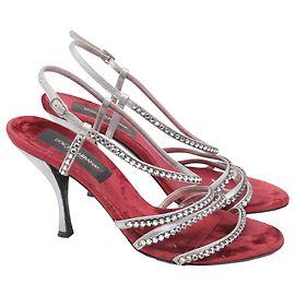 Dolce & Gabbana Crystal-Embellished Sandal Heels in Silver Leather Silvery