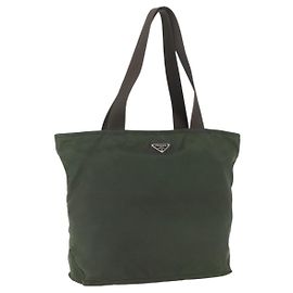 PRADA Tote Bag Nylon Khaki Silver Auth ka1393 Silvery Khaki
