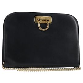 Bolsa de ombro Gancini em couro preto e dourado Salvatore Ferragamo Auth 159235 Preto Dourado