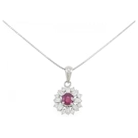 Autre Marque Platinum Ruby Diamond Necklace Red