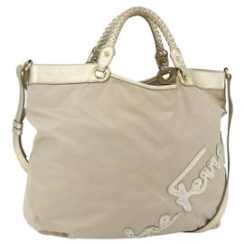 Bolsa de mão Salvatore Ferragamo em nylon 2 em 1 bege ouro Auth BA9246 Bege Dourado