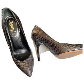 Yves Saint Laurent Seltene YSL Rive Gauche – Echtes Python-High Heels – Grau / Metallischer Lila Reflex – Größe 37 Anthrazitgrau