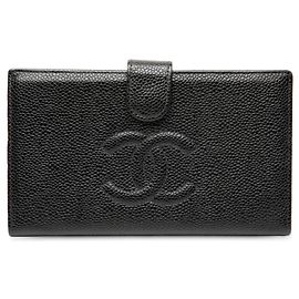 Chanel – Portafoglio lungo francese bifold CC in pelle Caviar nera Nero