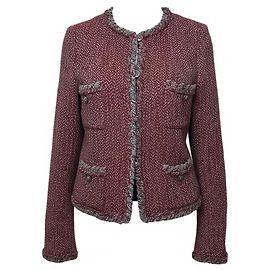 BLAZER DE TWEED CON TRIM TRAMADO GRIS BURDEOS CHANEL 08A FR 38 Gris Burdeos