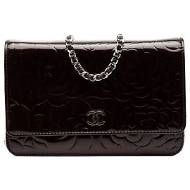 Chanel Brown CC Embossed Patent Camellia Wallet On Chain Brown Dark brown