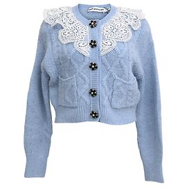 Self portrait Hellblauer Acryl-Cardigan mit Spitzenbesatz und Kabelstrick von Self-Portrait Blau Hellblau