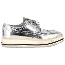 Prada Wingtip Oxford Platform Sneakers in Metallic Silver Leather Silvery Metallic