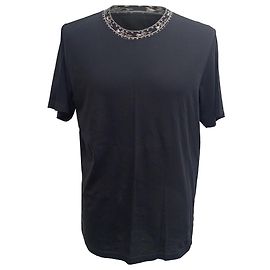 Saint Laurent gemustertes Strickkragen-T-Shirt aus schwarzer Baumwolle Schwarz