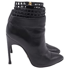 Sergio Rossi Lattice Cut Out Accent Ankle Boots in Black Leather Black