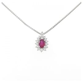 Autre Marque Platinum Ruby Diamond Necklace Red