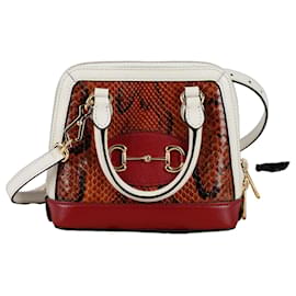 Gucci Horsebit Mini Python Top Handle Tote Shoulder Bag Red