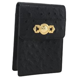 Gianni Versace sunbird Cigarette Case Leather Black Gold Auth am10291 Black Golden