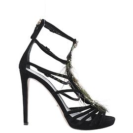 Sergio Rossi Black Suede Crystal And Peacock Embellished Platform Sandal Heels in Size 38 EU Black