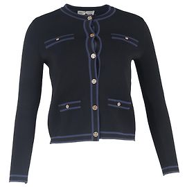 Tory Burch Kendra Knopf-Down Logo Cardigan aus schwarzer Wolle Schwarz