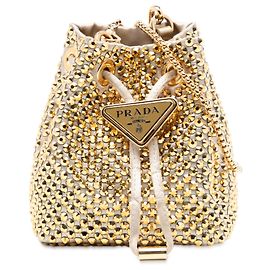 Borsa a secchiello mini Re Nylon di Prada decorata con cristalli e cordoncino D'oro Metallico